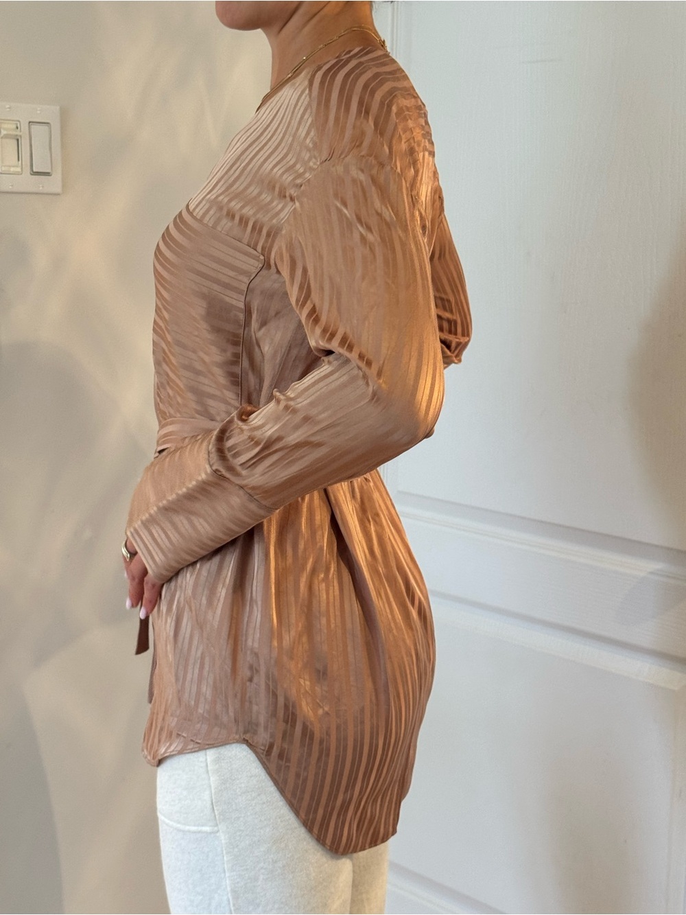 Aritzia Satin Stripe Tie-Waist Blouse in Warm rose gold colour